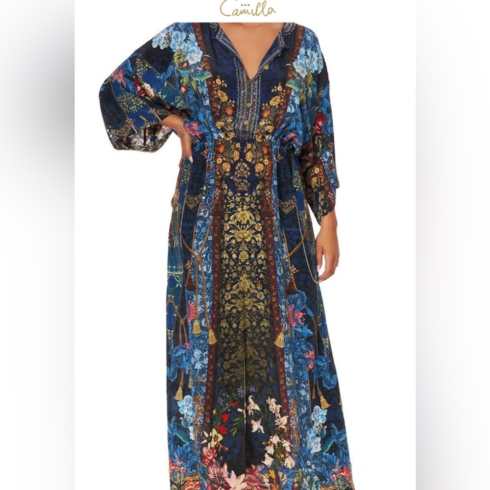 Camilla Blue Gold Maxi Dress with V-Neck